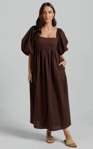 Showpo Cenia Midi Dress - Linen Look Straight Neck Shirred Back Puff Sleeve Dress Dark Oak | IDUKPJ328