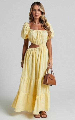 Showpo Chantrell Midi Dress - Puff Sleeve Dress Lemon | XDHYGI257