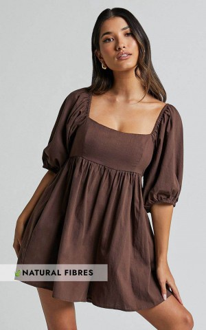 Showpo Chariti Playsuit - Linen Look Puff Sleeve Relaxed Playsuit Chocolate | KUZJGI892