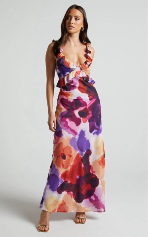 Showpo Charlie Midi Dress - V Neck Low Back Frill Detail Dress Watercolour Floral | NFLBPO603