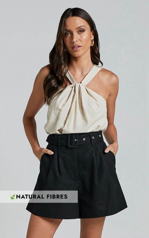 Showpo Charline Shorts - Linen Look High Waisted Tailored Front Pleated Belted Shorts Black | ZMOXPV984