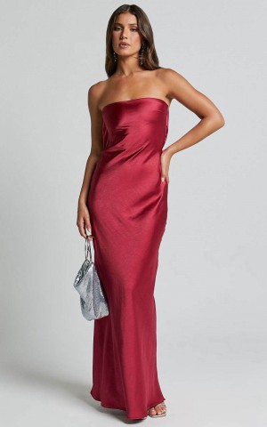 Showpo Charlita Maxi Dress - Strapless Cowl Back Satin Dress Berry | WKUVXR921