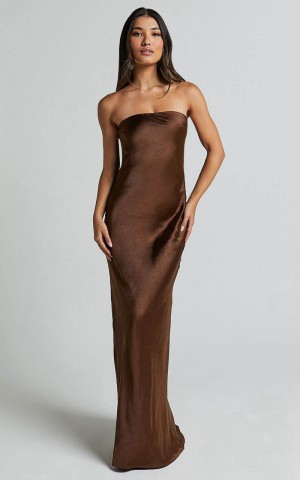 Showpo Charlita Maxi Dress - Strapless Cowl Back Satin Dress Chocolate | DAWMVK907