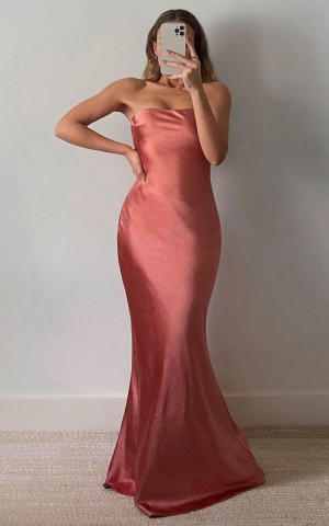 Showpo Charlita Maxi Dress - Strapless Cowl Back Satin Dress Peach | JVOSIB324