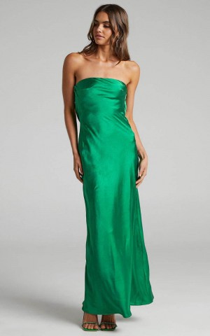 Showpo Charlita Maxi Dress - Strapless Cowl Back Satin Dress Green | UCFZIA290