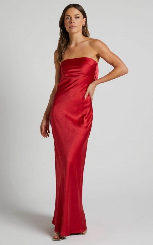 Showpo Charlita Maxi Dress - Strapless Cowl Back Satin Dress Cherry Red | DWFNUA679