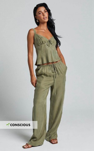 Showpo Chaya Pants - Cupro Mid Rise Relaxed Drawstring Pants Moss | HPIJZN519