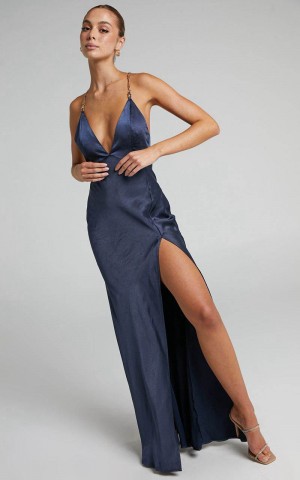 Showpo Cheche Maxi Dress - Chain Strap Plunge Bias Cut Satin Dress Navy | POMZKV873