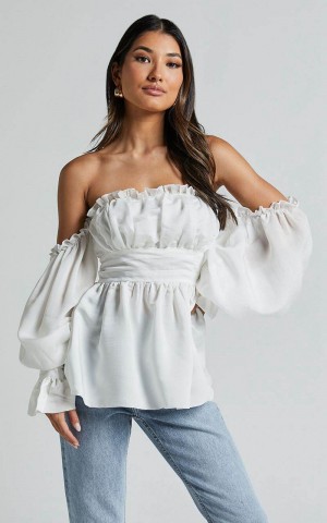 Showpo Cherlyne Top - Off Shoulder Long Sleeve Blouse White | FPHZIC597