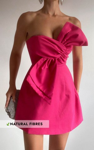 Showpo Chika Mini Dress - Linen Look Strapless Front Bow Dress Peony Pink | EGAZJX547