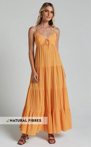 Showpo Chila Maxi Dress - Strappy Tie Front Low Back Tiered Papaya Orange | DGQMHT487