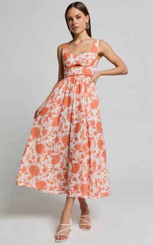 Showpo Chira Midi Dress - Front Cut Out Thigh Split Dress Orange Floral | GPISTK149