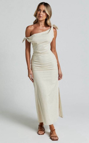 Showpo Cincinnati Midi Dress - Off The Shoulder Side Split Column Linen Look Dress Beige | YXSFCQ943