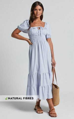 Showpo Claritza Midi Dress - Linen Look Short Puff Sleeve Square Neck Tiered Dress Pale Blue | LPAXNC520