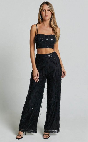 Showpo Claudette Pants - High Waist Wide Leg Fringe Sequin Pants Black | BKYSCG415