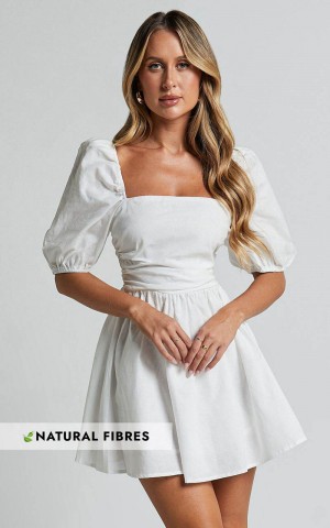 Showpo Claudina Mini Dress - Linen Look Puff Sleeve Ruched Bodice Dress White | GADKQT793