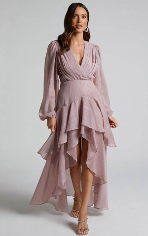 Showpo Claudita Midi Dress - Long Sleeve High Low Hem Dress Dusty Rose | GSUTAY985