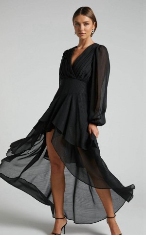 Showpo Claudita Midi Dress - Long Sleeve High Low Hem Dress Black | RMIJLZ497