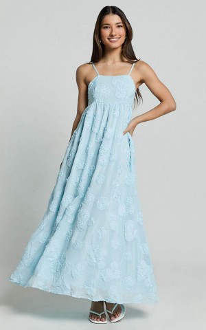 Showpo Claya Maxi Dress - Sleeveless Straight Neckline Floral Detail Dress Pale Blue | IWMEHP754