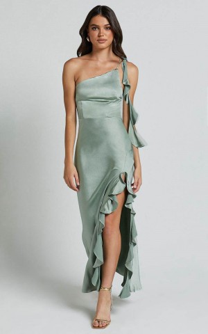 Showpo Cleo Midi Dress - One Shoulder Ruffle Detail Satin Dress Sage | UDNIKM308