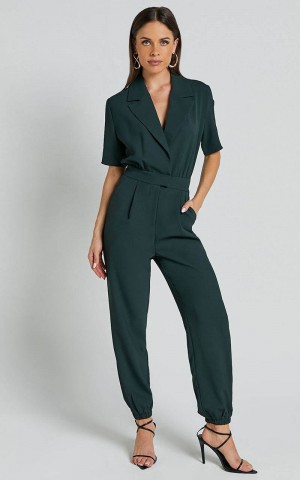 Showpo Coco Jumpsuit - Collared Short Sleeve Straight Leg Jumpsuit Forest Green | FSEIJX063