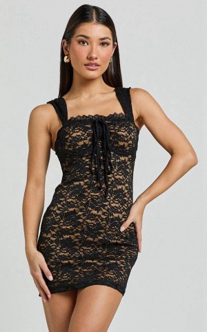 Showpo Corinna Mini Dress - Ruched Bust Wide Strap Detail Lace Dress Black | JETGLF759