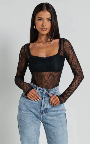 Showpo Cynthia Bodysuit - Long Sleeve Lace Bodysuit Black | HFTPWR941