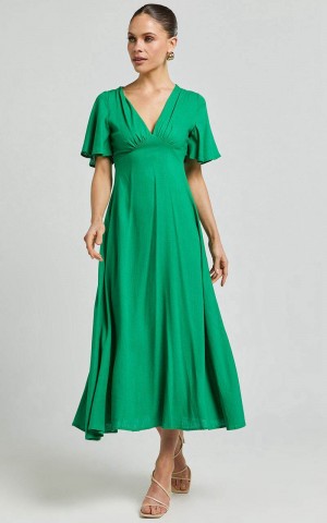 Showpo Dakota Midi Dress - Linen Look Flutter Sleeve A Line Dress Green | EFDQST489