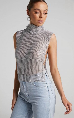 Showpo Dalena Top - Sleeveless High Neck Mesh Chainmail Top Silver | FVRCWZ897