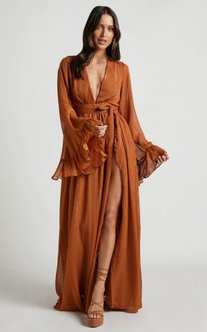 Showpo Dangerous Woman Maxi Dress - Plunge Thigh Split Dress Rust | TBLNIF283