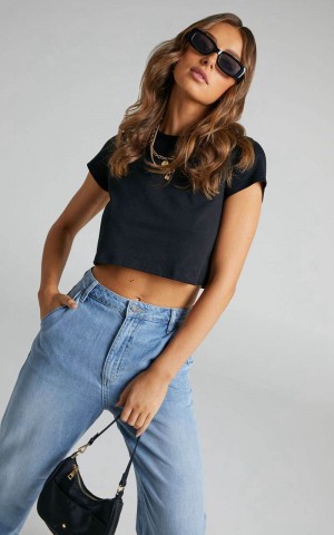 Showpo Danzel Top - Boxy Fit Cap Sleeve Crop Top Black | SMXJBQ162