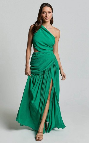 Showpo Darcy Maxi Dress - One Shoulder Side Cut Out Gathered Dress Green | AXDYVN096