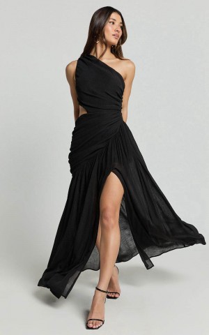 Showpo Darcy Maxi Dress - One Shoulder Side Cut Out Gathered Dress Black | XLVSMP349