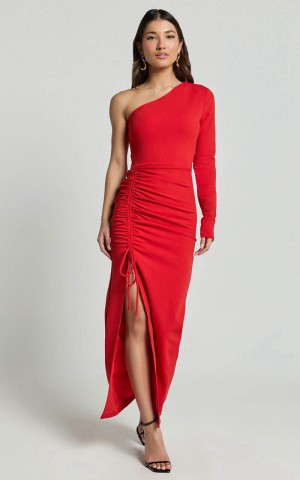 Showpo Daria Midi Dress - One Shoulder Long Sleeve Side Split Dress Red | WYMKXT391