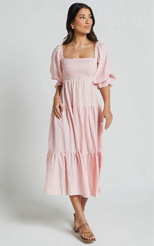 Showpo Darlene Midi Dress - Square Neck Long Sleeve Tiered Dress Rose Gingham Check | EBIHWY301