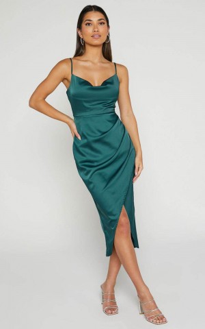 Showpo Dazzling Lights Midi Dress - Cowl Neck Draped Dress Emerald Satin | ERWTAU596