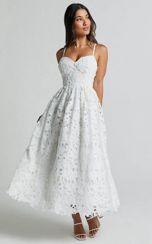 Showpo Deborah Midi Dress - Strappy Sweetheart Neck Corset Lace Dress White | TFZNGR862