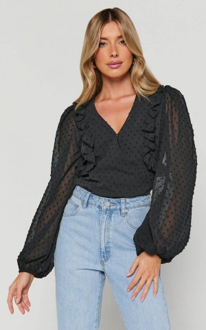 Showpo Delilah Bodysuit - V Neck Long Blouson Sleeve Bodysuit Black | DOYTLZ045