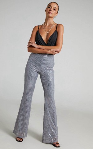 Showpo Deliza Pants - Mid Waisted Sequin Flare Pants Silver | ROTIEX145