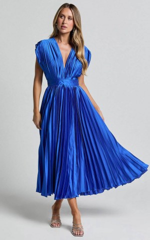 Showpo Della Midi Dress - Plunge Neck Short Sleeve Pleated Dress Cobalt | TGLSDX748