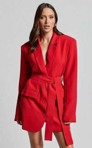 Showpo Denali Mini Dress - Tie Waist Blazer Dress Ruby Red | KFCOJV683