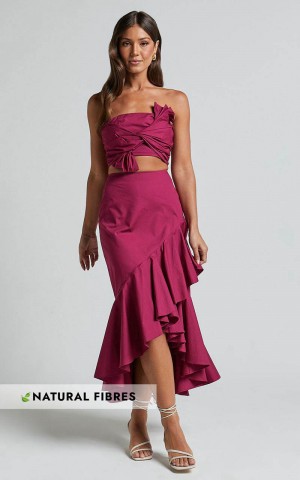 Showpo Destiny Two Piece Set - Knot Detail Crop Top And Ruffle Maxi Skirt Set Plum | BCEJWU690