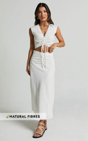 Showpo Devan Two Piece Set - Ruched Crop Top And A Line Midi Skirt Set White | YURLPX716