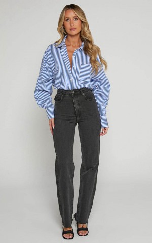 Showpo Dexter Jeans - High Waisted Straight Leg Denim Jeans Washed Black | FZSTYU842