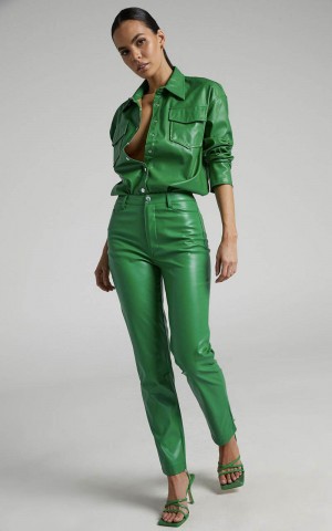 Showpo Dilyene Pants - Mid Waist Straight Leg Faux Leather Pants Green | LRCUXB894