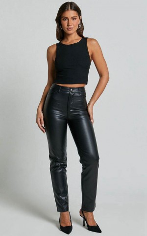 Showpo Dilyene Pants - Mid Waist Straight Leg Faux Leather Pants Black | LIZVWU785