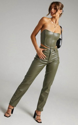 Showpo Dilyenne Pant - Mid Waist Straight Leg Faux Leather Pant Olive | CESYQV308