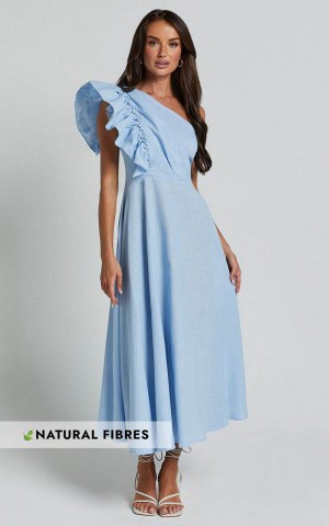 Showpo Dixie Midi Dress - Linen Look One Shoulder Ruffle Dress Blue | VNAEOM547