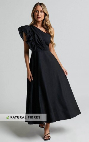 Showpo Dixie Midi Dress - Linen Look One Shoulder Ruffle Dress Black | WLKXBQ390