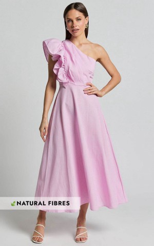 Showpo Dixie Midi Dress - Linen Look One Shoulder Ruffle Dress Pink | GEOTCF275